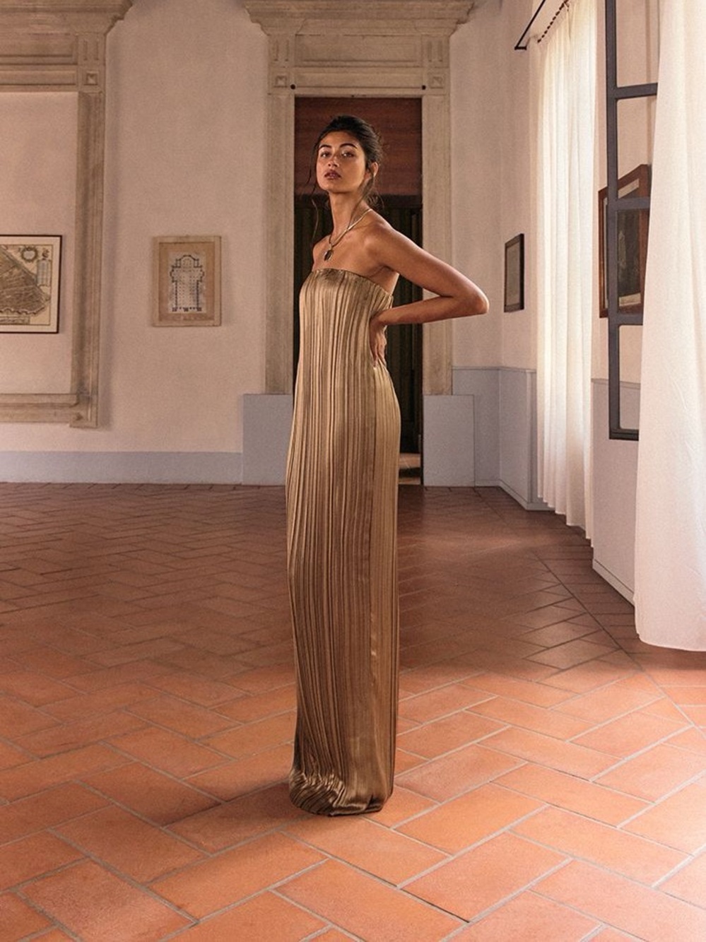 Pretty Little Thing PLT Label Gold Plisse Satin Column Maxi Dress Size 4 NWT